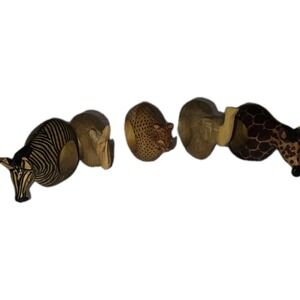 5 Hand Carved Napkin Rings African‎ Safari Wooden Animals